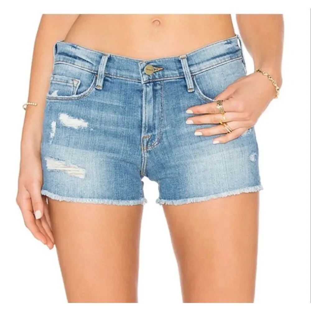 Frame Le Cutoff Medium Wash Distressed Ripped Raw Hem Jean Shorts Sz 27
